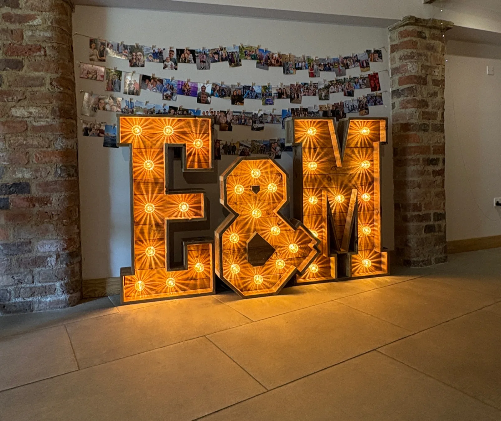 Rustic light up E & M initials with fairy lights
