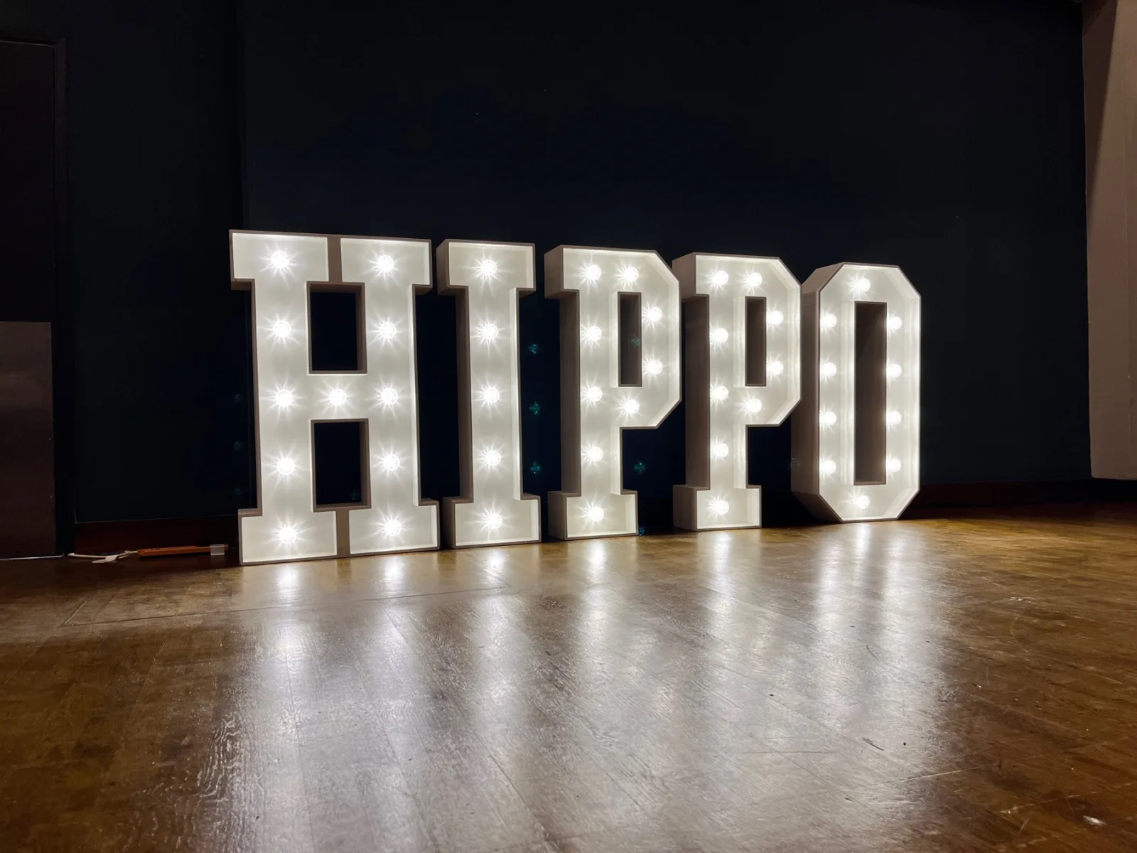 White light up letters spelling HIPPO